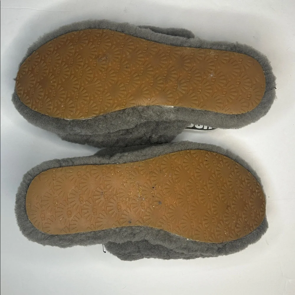 UGG Kids Charcoal Gray Fluff Yeah Elastic Strap Sheepskin Slides, 4